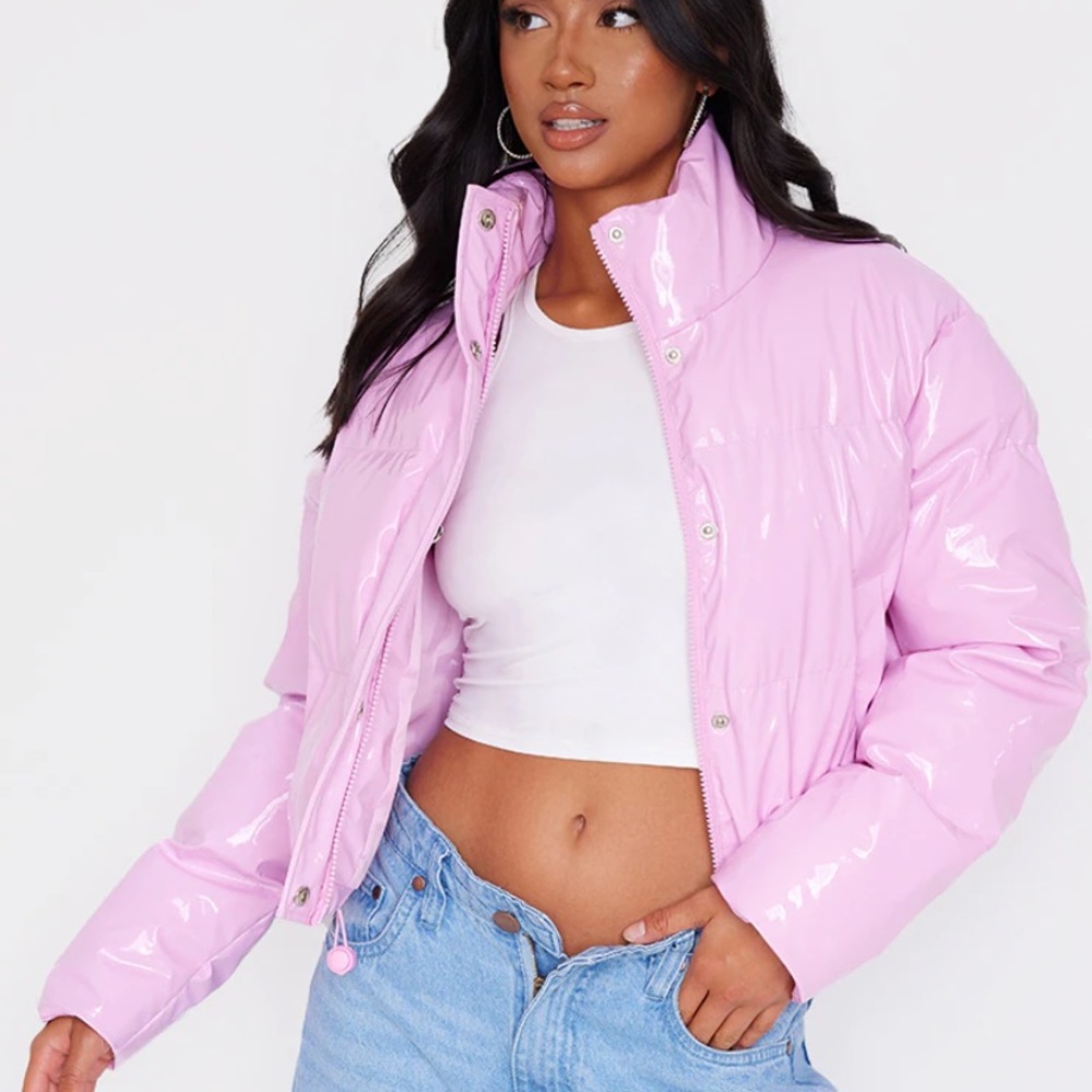 Pink leather latex puffer jacket outerwear